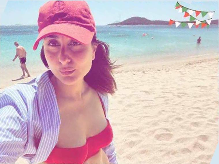 Kareena sported a red cap and red bikini as she chilled at the beach.