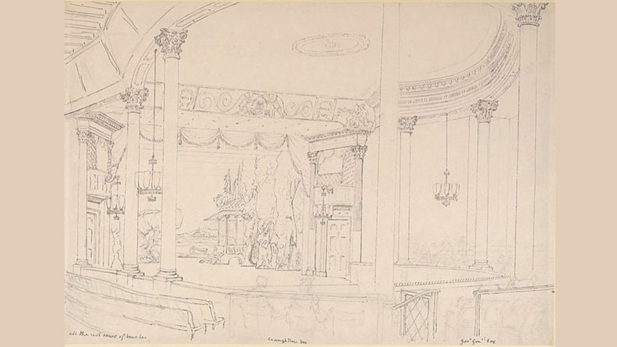 Pen-and-ink drawing of the interior of the Chowringhee Theatre in Calcutta by William Prinsep, 1830s 