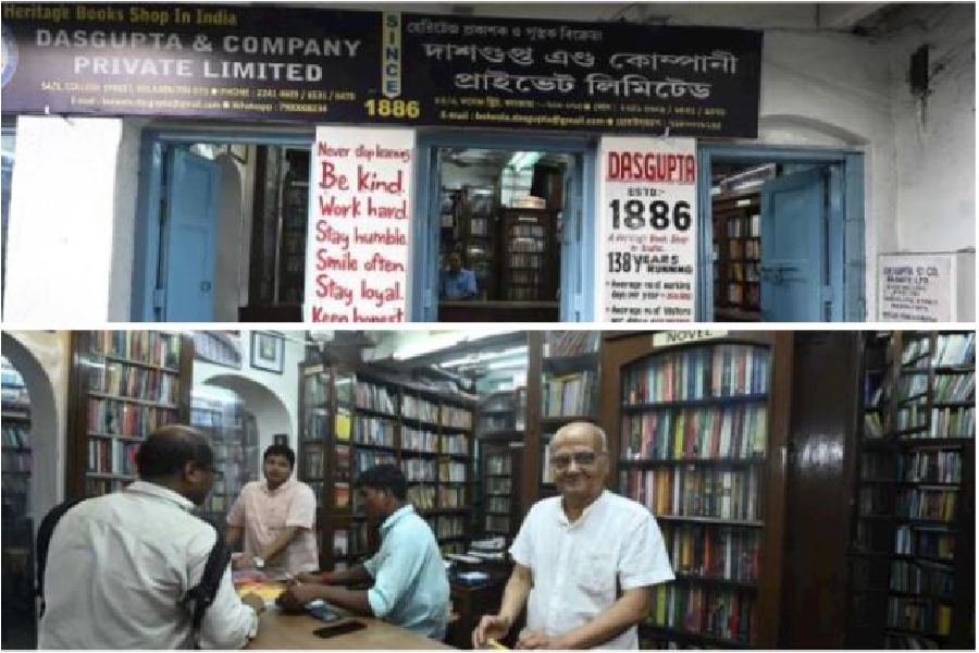 Das Gupta and Company on College Street; (below) Owner Arabinda Das Gupta at the bookshop on Friday