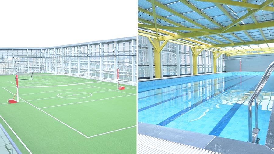 The football pitch and swimming pool on the rooftop