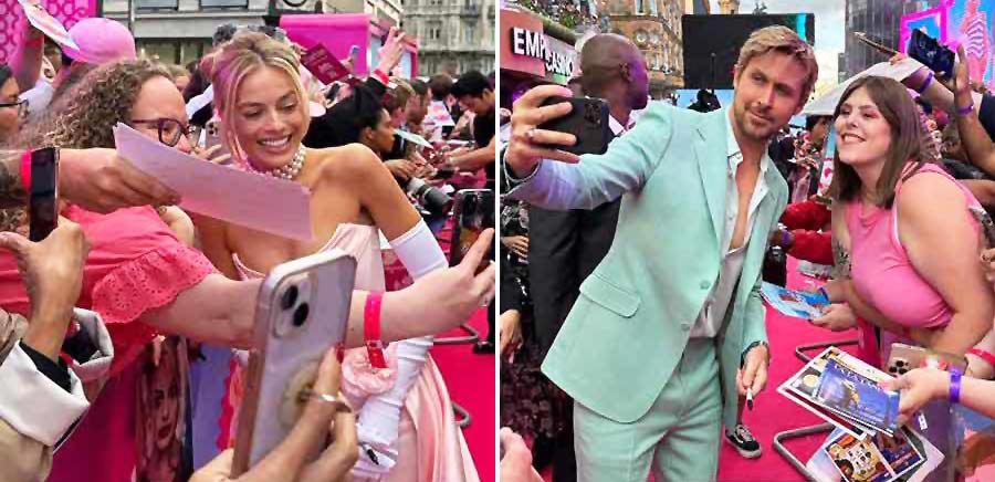 Margot and Ryan took a moment to pose for selfies with the fans at the London event.
