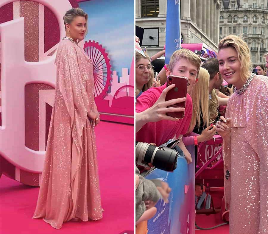 Greta Gerwig, the director of the film, arrived at the premiere in a pink shimmery gown. She also posed for selfies with the fans.