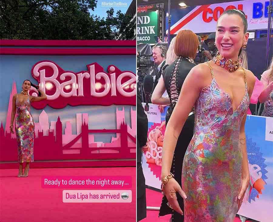 Dua Lipa, who has sung the track Dance the Night for the movie, wore a colourful bodycon and a high ponytail for the premiere.