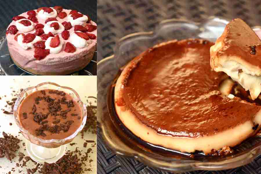 (left up) No-Bake Strawberry Cheesecake, (down) CHOCOLATE MOUSSE (EGGLESS), (right) Crème Caramel