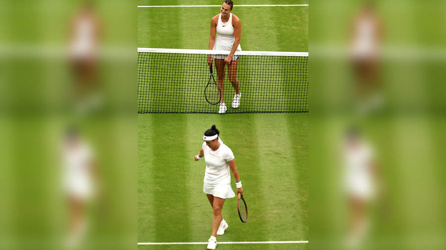 Aryna Sabalenka (top) reacts after a rally with Ons Jabeur 