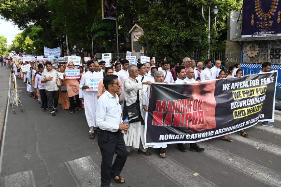 Participants in the peace march for Manipur, organised by the Roman Catholic archdiocese of Calcutta, on Sunday