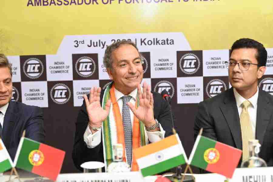 Joao Ribeiro de Almeida, ambassador of Portugal to India (left), speaks at the session with members of ICC in attendance 