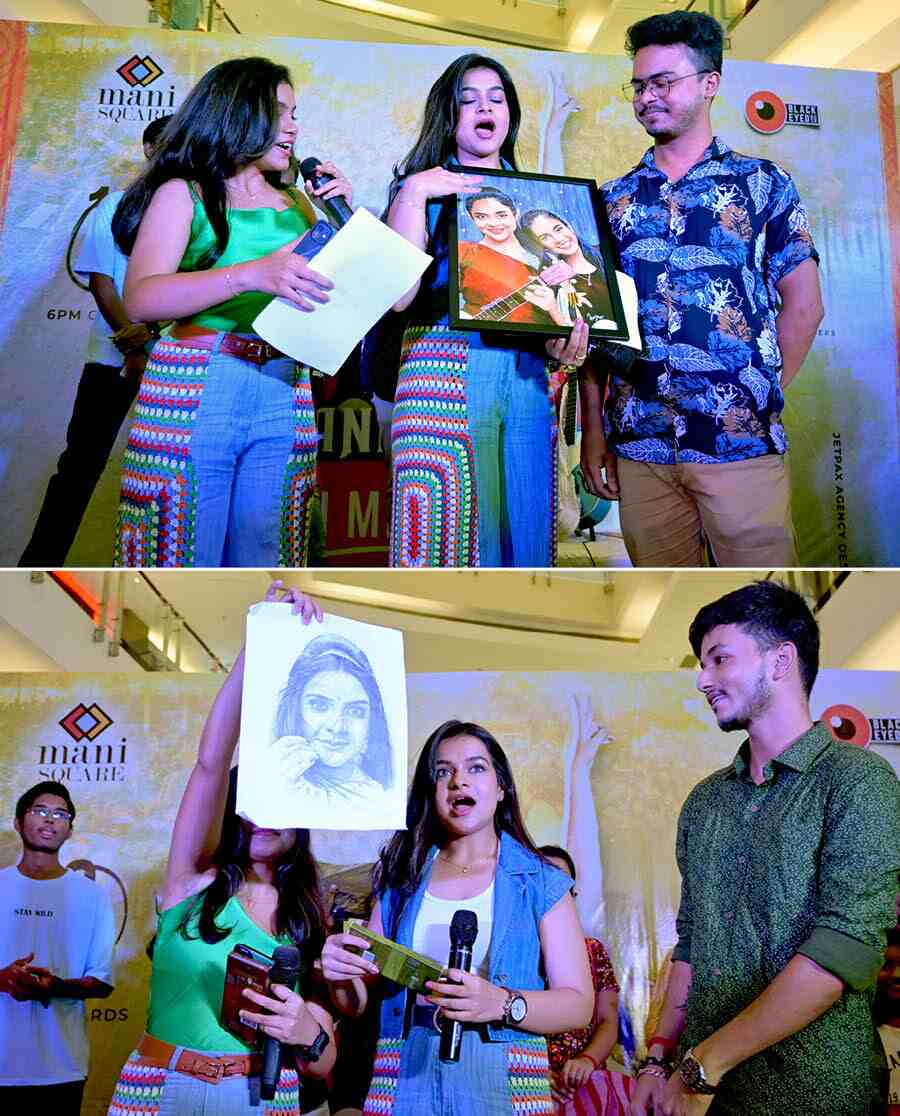 Antara had major jaw-dropping moments as the sisters received artistic gifts from their fans. From portraits to pencil sketches and correct answers on the nicknames of the sizzling sisters and names of their pet dogs, the interest and dedication of their fans swept the sisters off their feet. Turjo (on right) who drew a colour portrait of the sisters received a spontaneous “Khub sundor, absolutely stunning” (very beautiful) comment from Ankita. It took the fan 2-3 days to complete painting, he shared upon enquired by Antara, who replied, “The hard work shows”