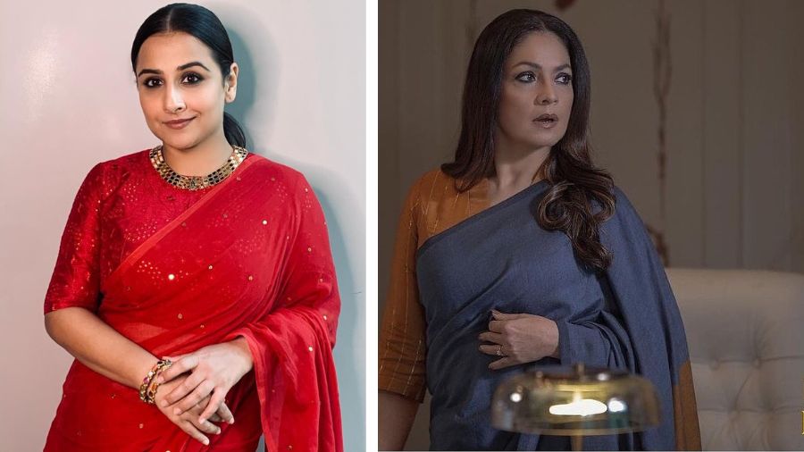 L-R: Vidya Balan has sported various looks in Suta saris, including for the movie ‘Mission Mangal’, and Pooja Bhatt in a Suta weave for ‘Bombay Begums’