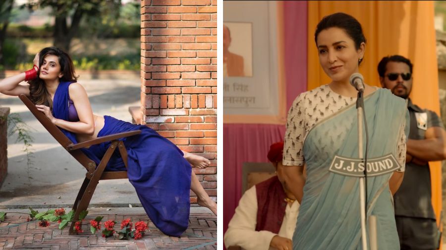 Taapsee Pannu, and (right) Tisca Chopra in Suta for ‘Dahan’