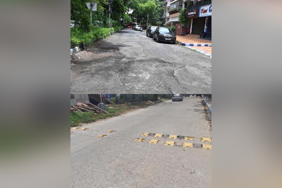 A potholed road in front of Udaychal Tourist Lodge in Salt Lake on Sunday; (down) broken speed breakers on             Canal Bank Road on Monday. Pictures by Gautam Bose and Snehal Sengupta