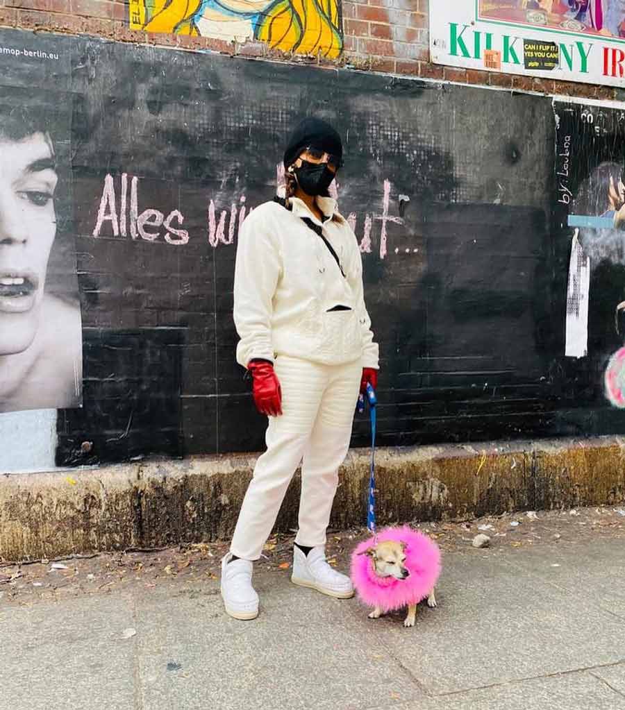 Priyanka dressed Diana in a fluffy pink dress as they posed in front of a wall in Germany.