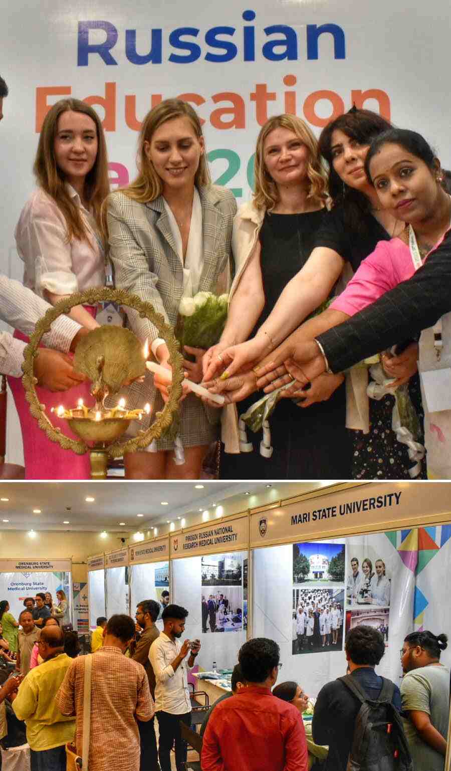 (Top) Ekaterina Lazareva, attaché, head of protocol, consulate general of the Russian Federation in Kolkata, inaugurates the lamp along with other dignitaries at the Russian Education Fair 2023 at Gorky Sadan and (above) visitors at the fair