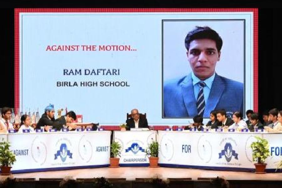 Ram Daftari of Birla High School speaks against the motion at the 24th edition of L. N. Birla Memorial Invitational Debate, hosted by Birla High School at Vidya Mandir Auditorium