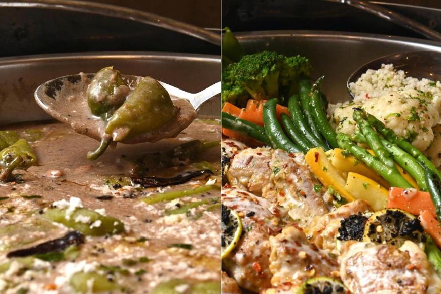 (L-R) Ragi and Bharwan Mirchi ka Kadhi is ragi and stuffed Bhavnagar chillies cooked in a curd-based gravy; Grilled Fish served with herbed millet and steamed vegetables.