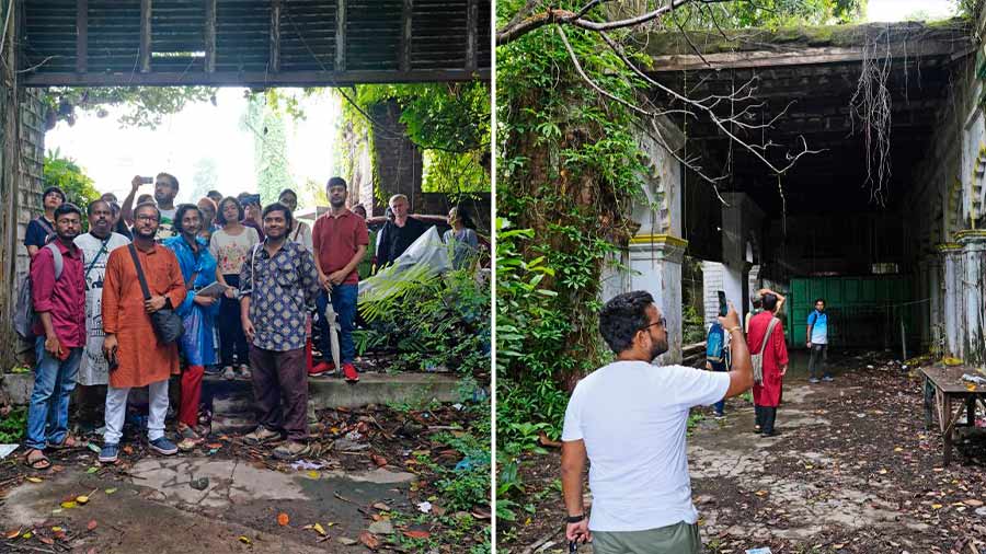  Artist Soumaydeep Roy inside the dilapidated Bait-un-Nijat Imambara during heritage walk and (right) participants of the Heritage Walk taking a look inside Bait-un-Nijat Imambara which was built in 1863 by Nawab  Wazid Ali Shah to commemorate Muharram with his family