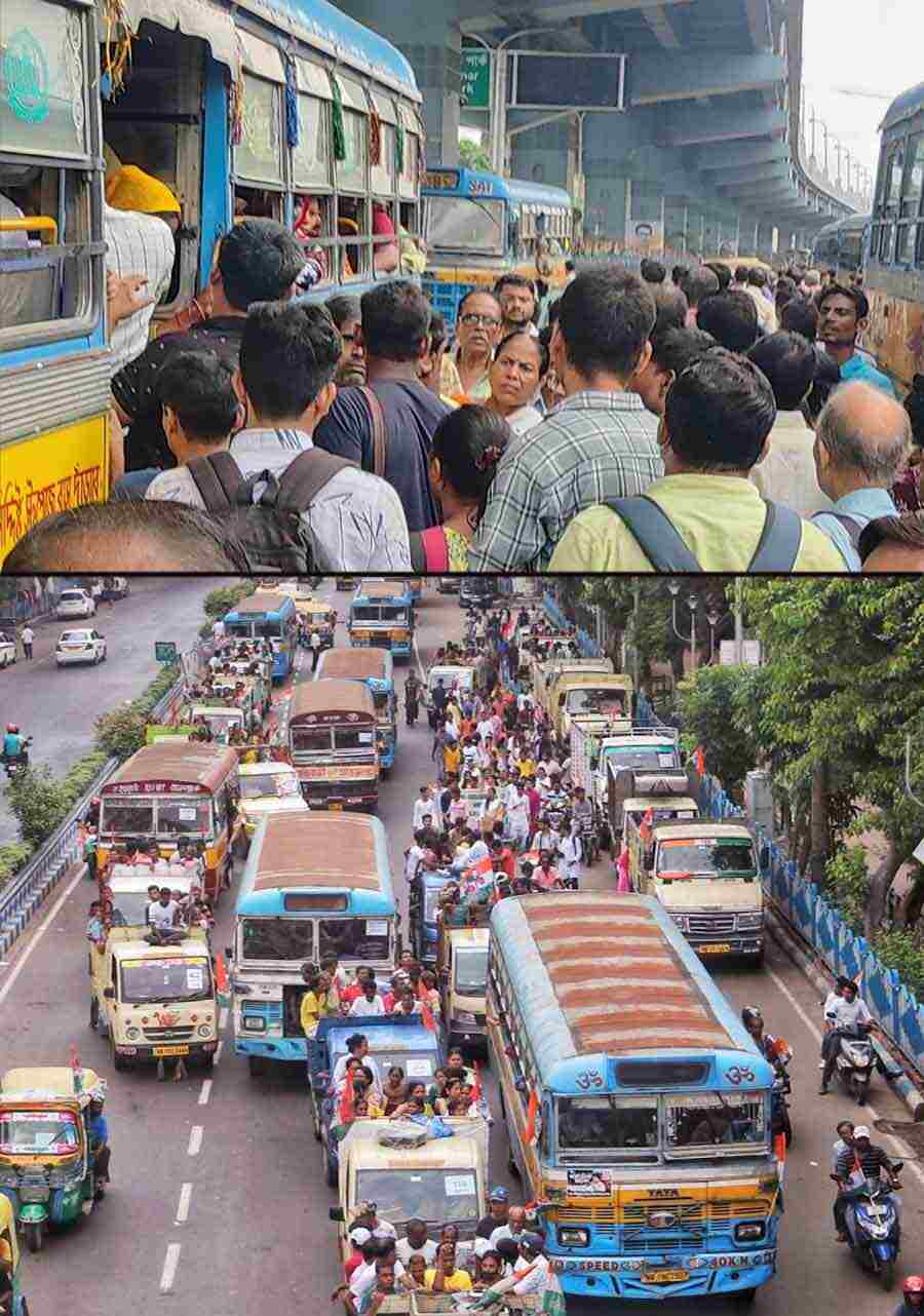 After the meeting, the streets of Kolkata were bustling with people returning from the meeting. The public transport was overcrowded and people were seen hanging from buses   