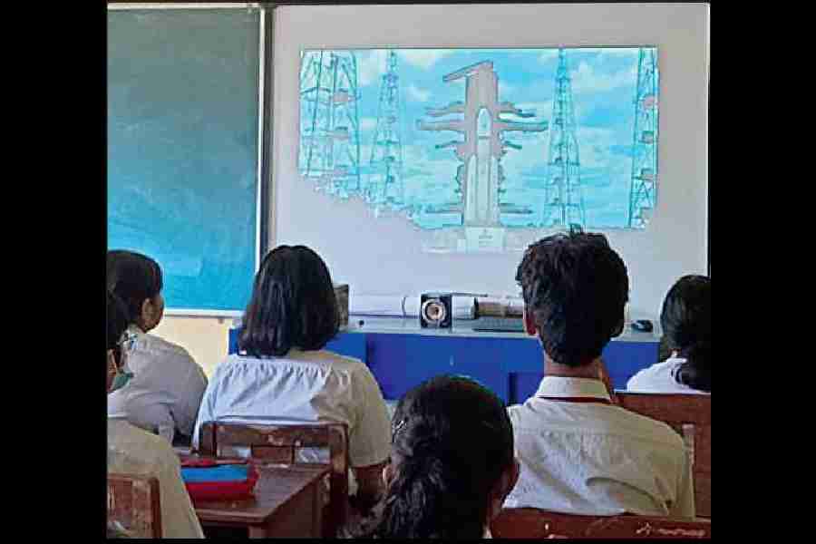 Students tune in to watch the launch of the lunar mission on their smart boards at Bharatiya Vidya Bhavan