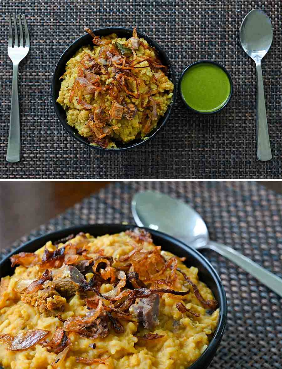 If you are game for some non-vegetarian variants of khichuri, (top) the Muslim Khichuri and (above) the Bhuna Khichuri are worth a try 
