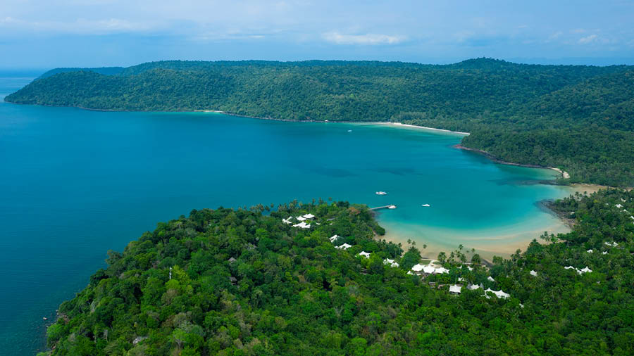An aerial view of Koh Kood island, with the resort nestled in it
