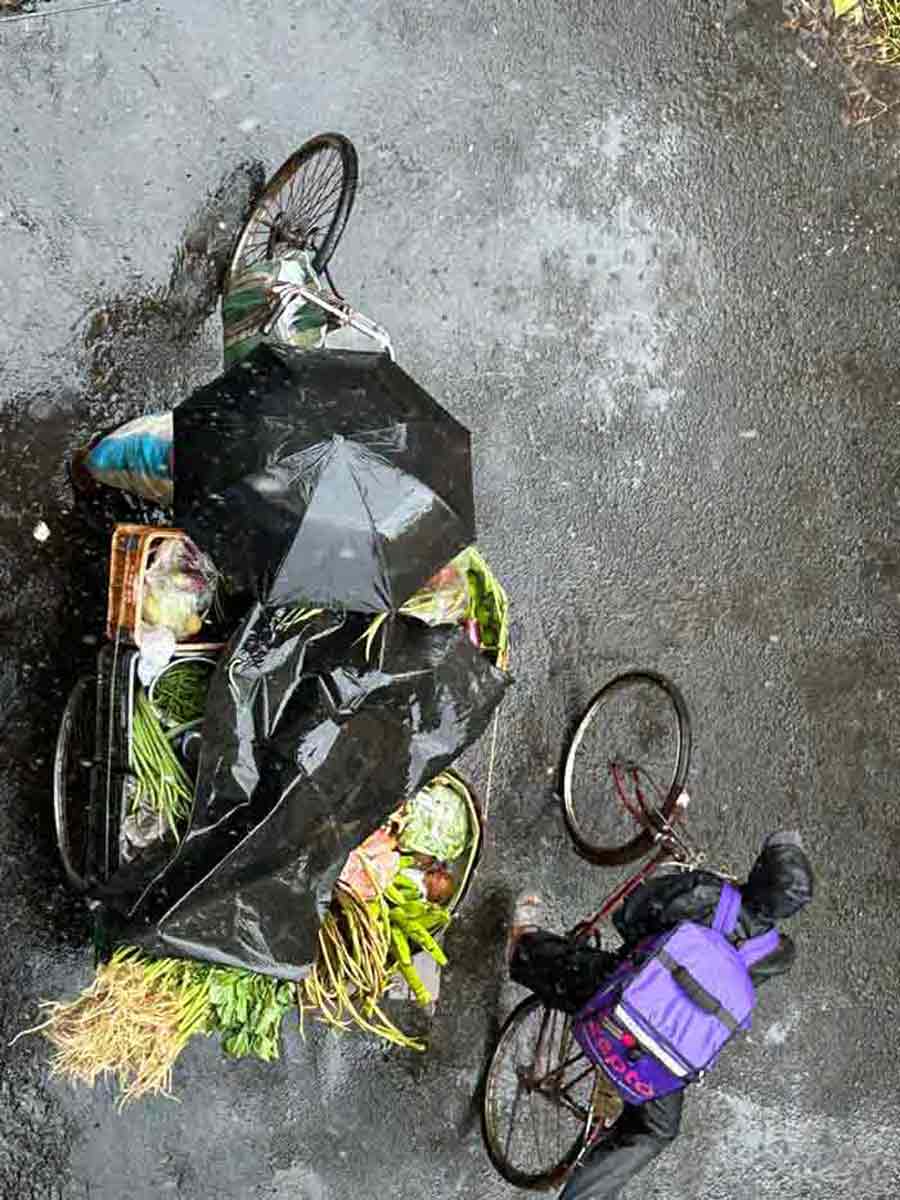 A tarpaulin sheet and an umbrella fell short for this vendor in Beleghata to shield his vegetables from intermittent rain on Saturday. Sunday remained cloudy with traces of rain in some parts of the city 