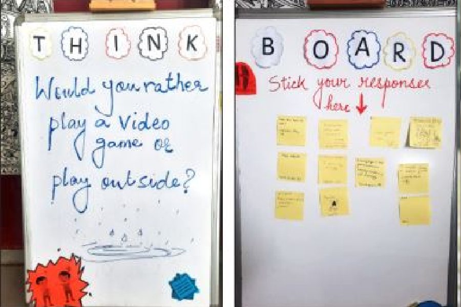 The ‘Think’ board at Calcutta International School; (right) the board on which students can write their response to the questions on the ‘Think’ board