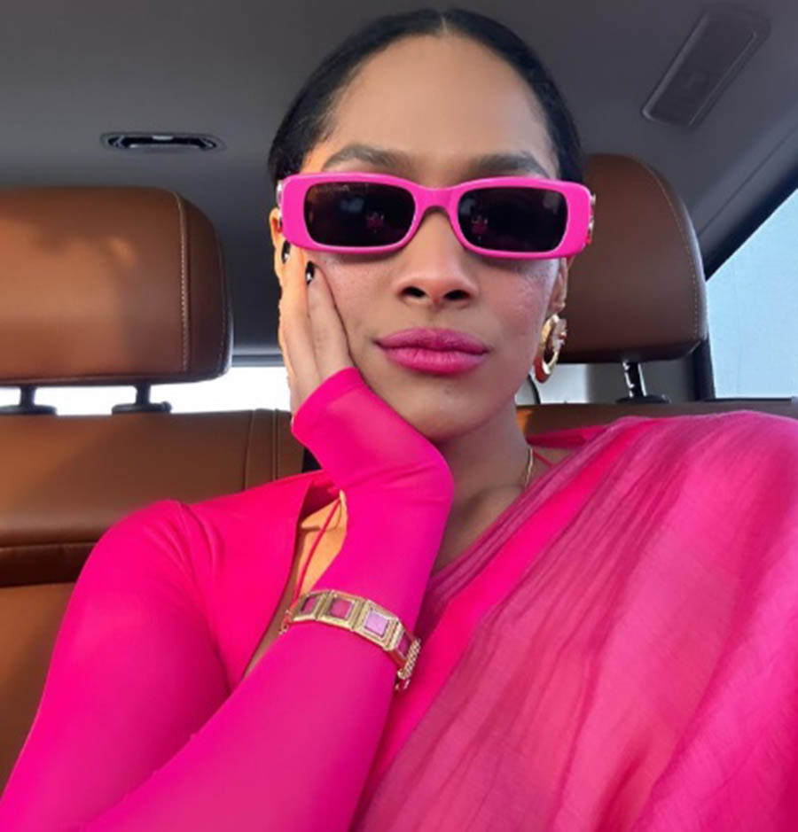 Masaba Gupta: When fashion industry’s reigning queen has approved the viral trend, how do we not follow? The pink sari and full sleeve matching blouse combo to pink lipstick and pink frame shades, Masaba’s all pink is still not too much pink, and we are now convinced to give it a try too. If you have a gig planned any time soon, take inspo, embrace “shocking” pink and channel your inner Barbie