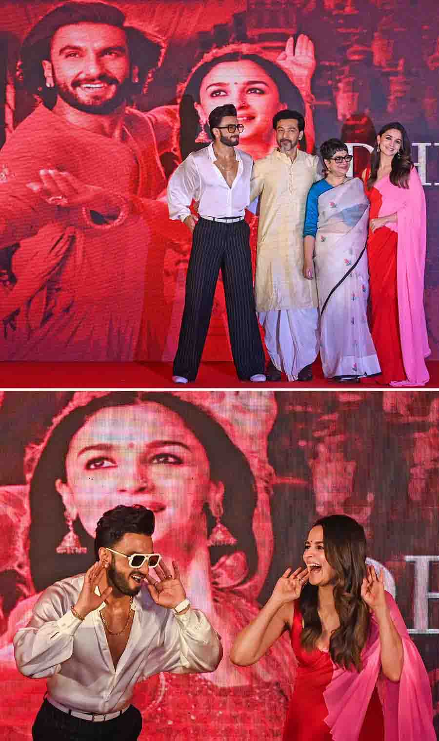 Ranveer Singh and Alia Bhatt were in Kolkata on Monday to promote their film ‘Rocky Aur Rani Kii Prem Kahaani’. The duo interacted with the media, floored the audience with 'Nomoshkar Kolkata' and also grooved to the trending 'What jhumka' from the movie. Tollywood actors Tota Roy Choudhury and Churni Ganguly, who play parents to Alia's Rani in the film that marks Karan Johars 25th year as filmmaker, were also present at the event that launched the song 'Dhindora baaja re'