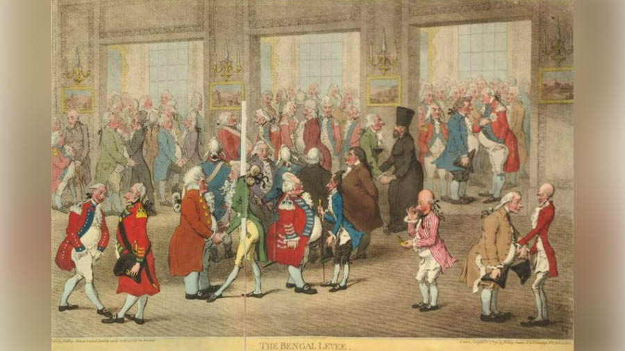 ‘The Bengal Levee’, an etching of a levee by Lord Cornwallis is believed to have Edward Tiretta in the frame as the man talking to a Greek priest dressed in black (left, at the back)