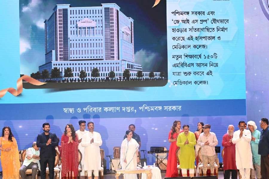 Chief minister Mamata Banerjee virtually inaugurates JIS group medical college at Dhana Dhanya stadium on Monday.