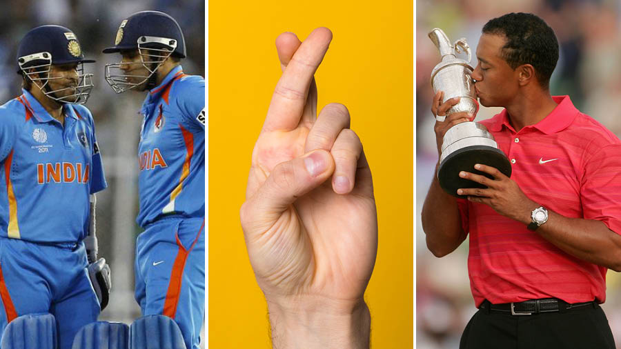 From (left) the Sachin-Sehwag sit-in at the 2011 World Cup final to (right) Tiger Woods only wearing a red polo shirt on Sundays at tournaments, there are many examples of top sportspersons with superstitions 