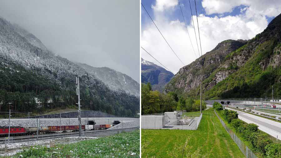 The southern and northern ends of the Gotthard Base Tunnel on the same day give exponentially different views