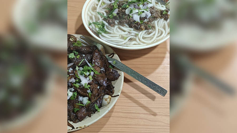 The fried beef, and the noodle soup (thukpa)