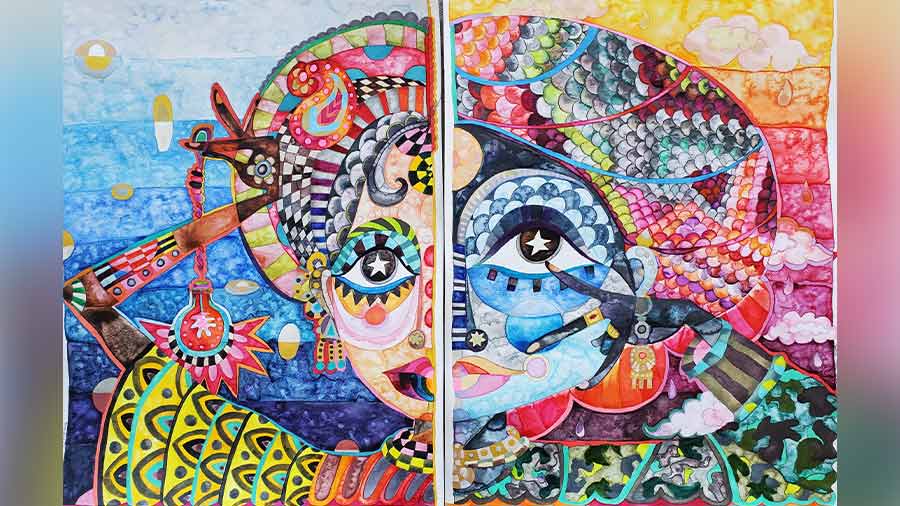 Paintings from Meenakshi’s latest ‘2-Faced’ series