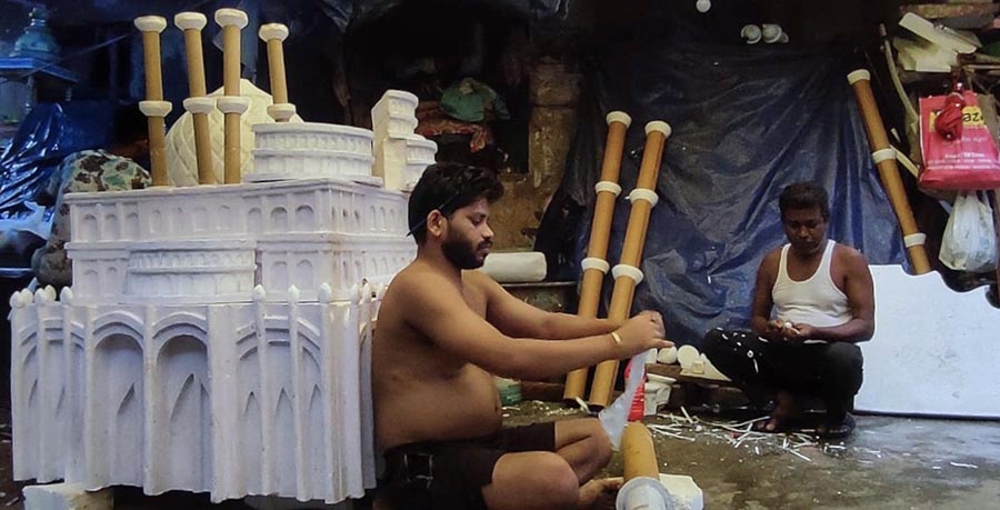A craftsman makes a tajiya at Dompara for Muharram which will be observed on July 29  