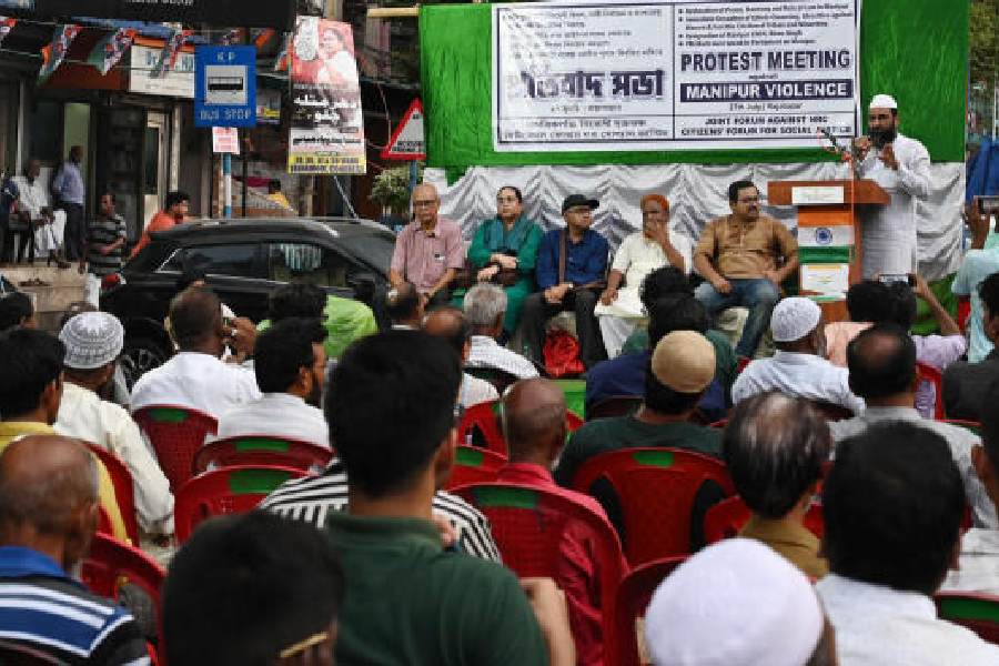 A protest meeting, organised by the Joint Forum Against NRC at Rajabazar on Thursday, against the violence in Manipur