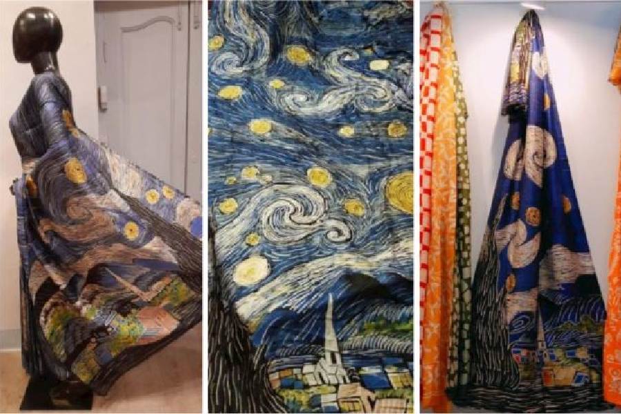 (L-R) Vincent van Gogh's The Starry Night immaculately captured in batik on a sari; The Starry Night dupatta; Batik designs by Swati