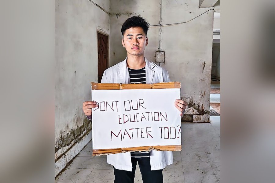 A medical student during a protest in Churachandpur district on Saturday.