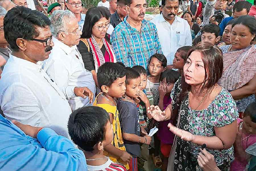 Leaders of INDIA meet affected people at a relief camp in Imphal East district in Manipur on Saturday.