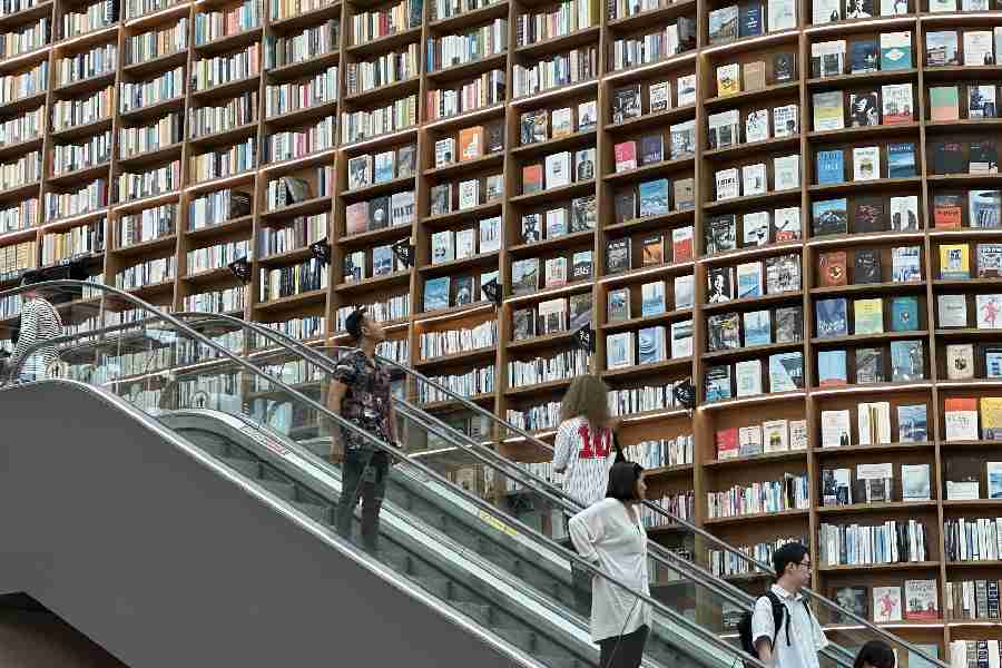 Escalators take people around the massive reading space