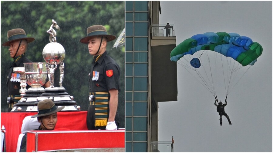 A jump from the top of The 42, Kolkata’s tallest building, marked the flagging-in ceremony of the Durand Cup Trophy Tour on Tuesday. Two army officers undertook BASE jumping despite the rainy weather and windy conditions and successfully pulled off the feat, landing safely on the Maidan  