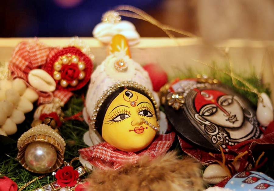 Durga Puja-themed home decor and jewellery on sale at Ekal Sangini, a lifestyle exhibition by Friends of Tribals Society (FTS) empowering Rural India at Taj Bengal 