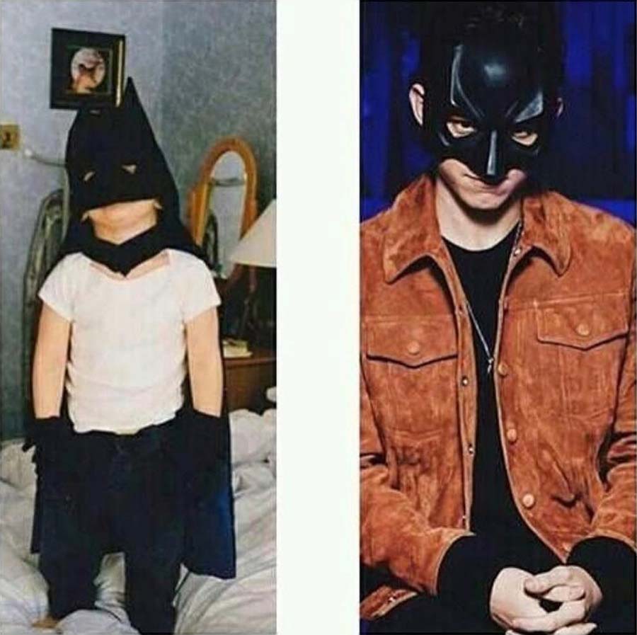 Here’s Holland sporting a Batman mask as a kid and as an adult, straying away from his MCU identity.
