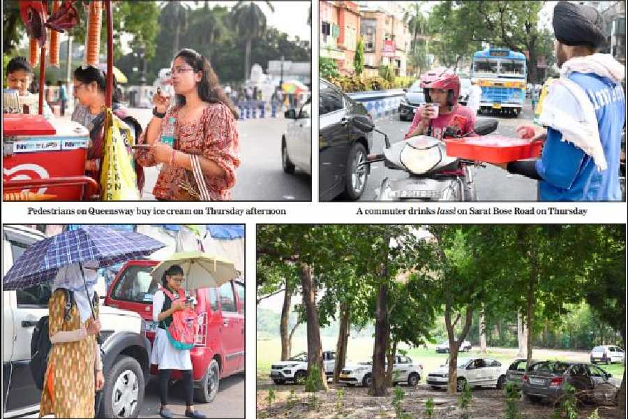 (Clockwise) Pedestrians on Queensway buy ice cream on Thursday afternoon; A commuter drinks lassi on Sarat Bose Road on Thursday; Drivers rest in cars parked under trees on the Maidan; Pedestrians use umbrellas to shield themselves from the afternoon sun in Esplanade