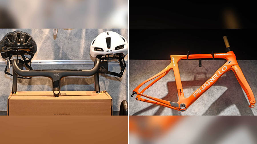 Mastermind specialises in premium accessories, including (left) a carbon fibre handlebar by Black Inc (Rs 25,900); (right) the Pinarello Paris frame (Rs 1,39,000) and much more