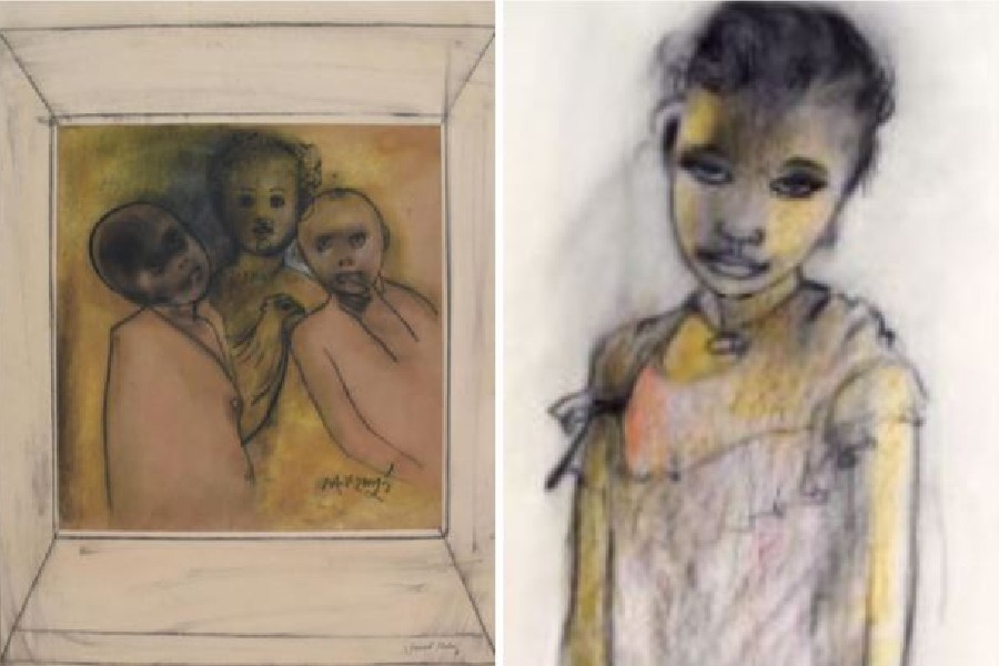 Two of the portraits by Ganesh Haloi that will be exhibited at Debovasha’sSelimpur Road gallery from Sunday