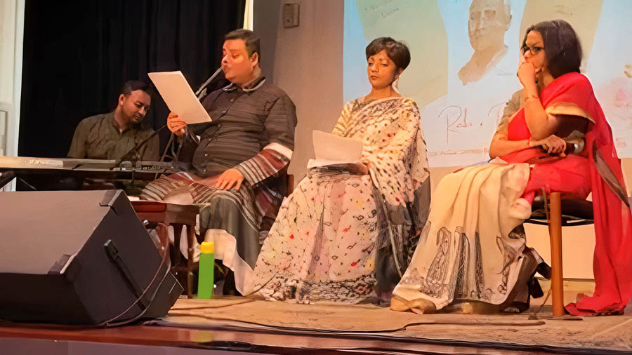 Sujoy Prasad Chatterjee (second from left) and Tanusree Guha (third from left) during the performance of ‘Rabi o Rathi’, organised by Bengal Heritage Foundation at London’s Nehru Centre