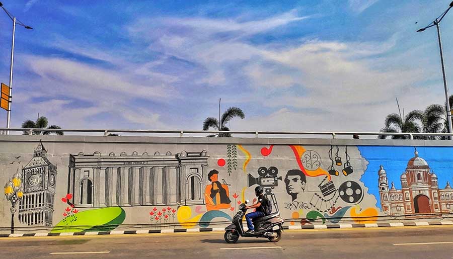 Several parts of Kolkata have been beautified with coloured artworks. In picture, a colourful graffiti near the airport