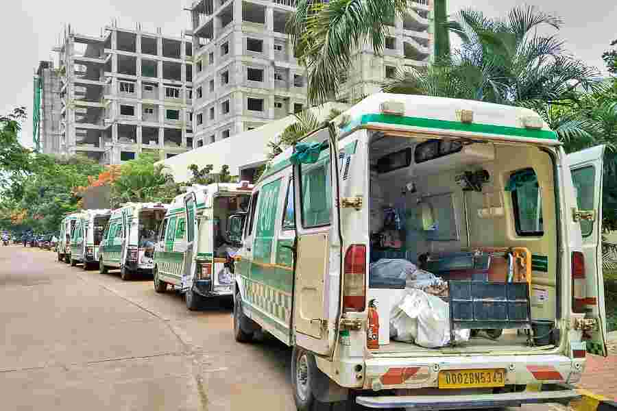 Ambulances carry bodies of victims from the train accident site to AIIMS, in Bhubaneswar, on Sunday.