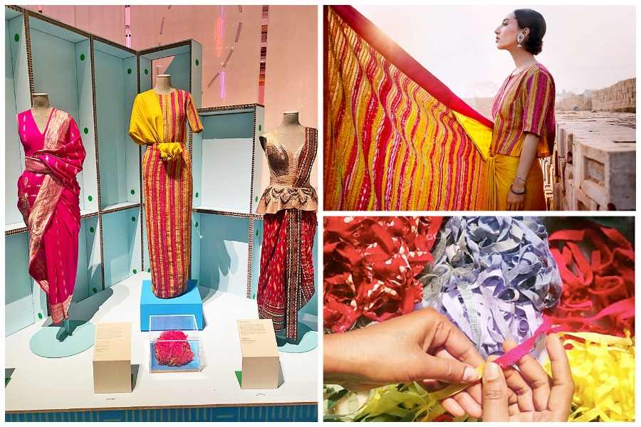 (Clockwise from left ) The Haldi Silk Sari (centre) at The Design Museum London; The Haldi Silk Sari and Fabric scraps being sorted before weaving